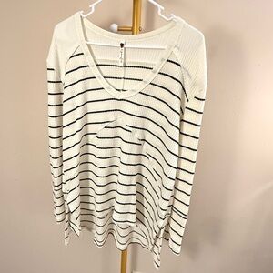 Poof Striped V-Neck Waffle Knit Long Sleeve Top Small